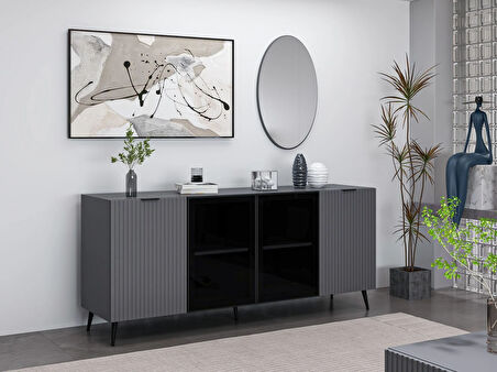 Minar Kale Cam Kapak Aynalı Konsol Plus Antrasit/Antrasit Füme Cam