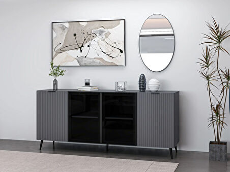 Minar Kale Cam Kapak Aynalı Konsol Plus Antrasit/Antrasit Füme Cam