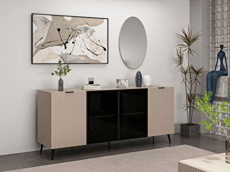 Minar Kale Cam Kapak Aynalı Konsol Plus Kumtaşı/Kumtaşı Füme Cam