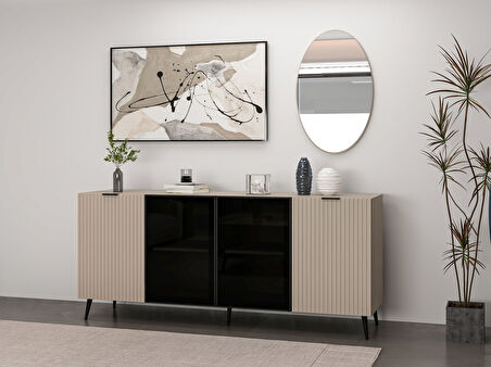 Minar Kale Cam Kapak Aynalı Konsol Plus Kumtaşı/Kumtaşı Füme Cam