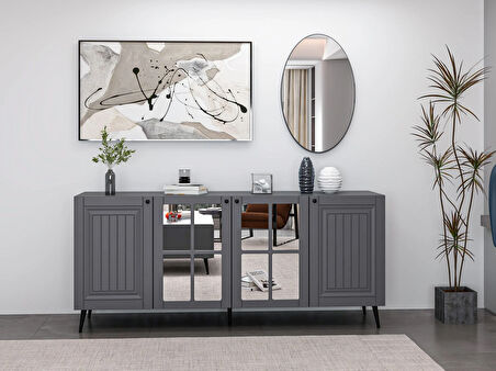 Minar Kale Cam Kapak Aynalı Konsol İlkbahar Antrasit Aynalı Antrasit