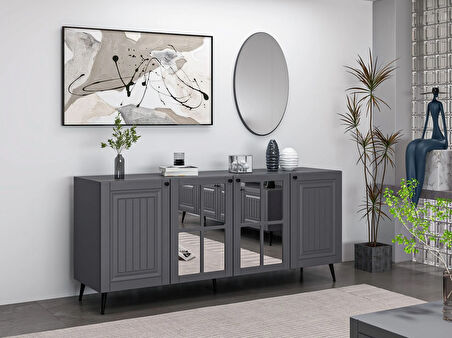 Minar Kale Cam Kapak Aynalı Konsol İlkbahar Antrasit Aynalı Antrasit