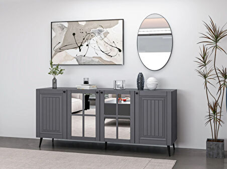 Minar Kale Cam Kapak Aynalı Konsol İlkbahar Antrasit Aynalı Antrasit