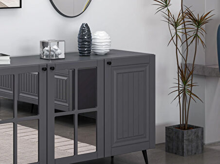 Minar Kale Cam Kapak Aynalı Konsol İlkbahar Antrasit Aynalı Antrasit