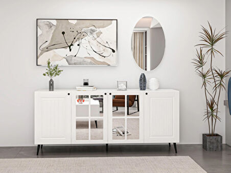 Minar Kale Cam Kapak Aynalı Konsol İlkbahar Beyaz Aynalı Beyaz