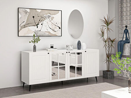 Minar Kale Cam Kapak Aynalı Konsol İlkbahar Beyaz Aynalı Beyaz