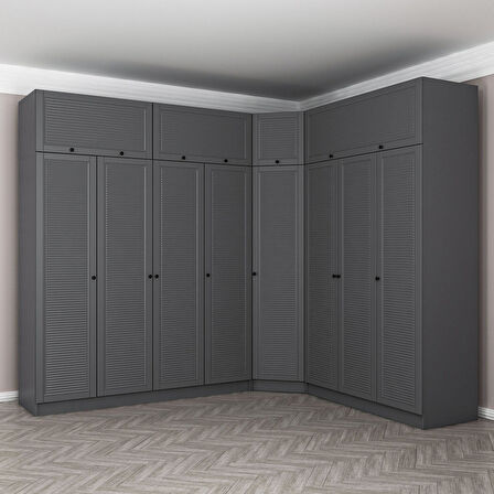 Kale 8 Kapaklı 4 Çekmeceli Köşe Dolap + Yüklük Antrasit Mebran Panjur 235CM