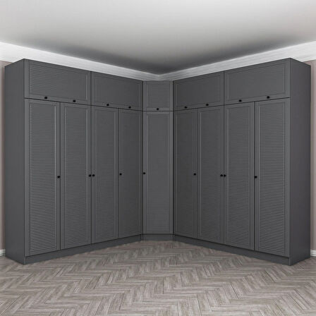 Kale 9 Kapaklı 4 Çekmeceli Köşe Dolap + Yüklük Antrasit Mebran Panjur 235CM