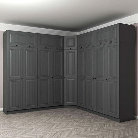 Kale 9 Kapaklı 4 Çekmeceli Köşe Dolap + Yüklük Antrasit Mebran İlkbahar 235CM