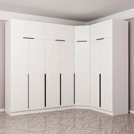Kaleplus 7 Kapaklı 2 Çekmeceli Köşe Dolap + Yüklük Beyaz Mebran Beyaz Çizgili 255CM