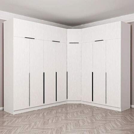 Kaleplus 8 Kapaklı 4 Çekmeceli Köşe Dolap + Yüklük Beyaz Mebran Beyaz Çizgili 255CM