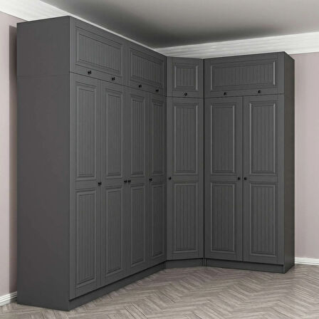 Kale 7 Kapaklı 2 Çekmeceli Köşe Dolap + Yüklük Antrasit Mebran İlkbahar 255CM