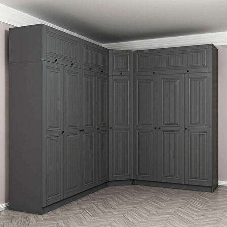 Kale 8 Kapaklı 4 Çekmeceli Köşe Dolap + Yüklük Antrasit Mebran İlkbahar 255CM