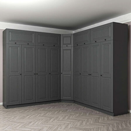 Kale 9 Kapaklı 4 Çekmeceli Köşe Dolap + Yüklük Antrasit Mebran İlkbahar 255CM
