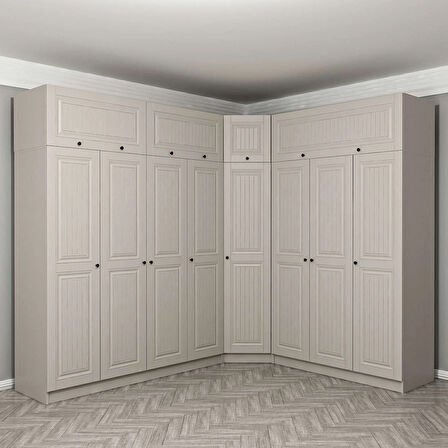 Kale 8 Kapaklı 4 Çekmeceli Köşe Dolap + Yüklük Kumtaşı Mebran İlkbahar 255CM