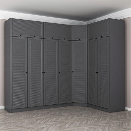 Kale 7 Kapaklı 2 Çekmeceli Köşe Dolap + Yüklük Antrasit Mebran Panjur 255CM