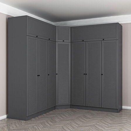 Kale 7 Kapaklı 4 Çekmeceli Köşe Dolap + Yüklük Antrasit Mebran Panjur 255CM