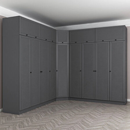 Kale 9 Kapaklı 4 Çekmeceli Köşe Dolap + Yüklük Antrasit Mebran Panjur 255CM