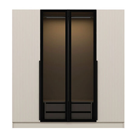 Kale Plus 4 Mebran Kapaklı 2 Çekmeceli Dolap Kumtaşı Mebran Füme Cam 190CM