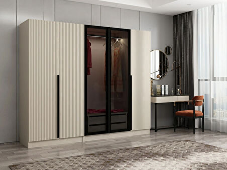 Kale Plus 5 Mebran Kapaklı 2 Çekmeceli Dolap Kumtaşı Mebran Füme Cam 190CM