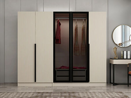 Kale Plus 5 Mebran Kapaklı 2 Çekmeceli Dolap Kumtaşı Mebran Füme Cam 190CM