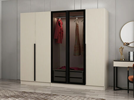 Kale Plus 5 Mebran Kapaklı 2 Çekmeceli Dolap Kumtaşı Mebran Füme Cam 190CM