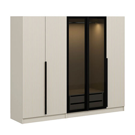 Kale Plus 5 Mebran Kapaklı 2 Çekmeceli Dolap Kumtaşı Mebran Füme Cam 190CM