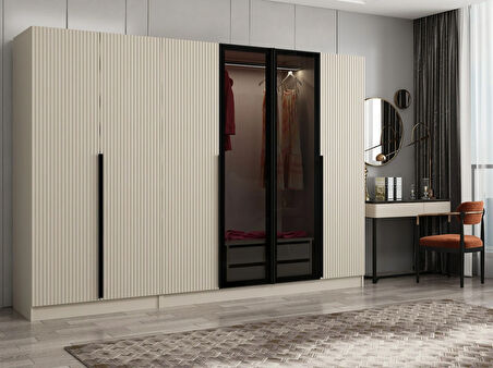 Kale Plus 6 Mebran Kapaklı 2 Çekmeceli Dolap Kumtaşı Mebran Füme Cam 190CM