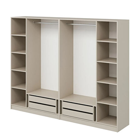 Kale Plus 6 Mebran Kapaklı 4 Çekmeceli Dolap Kumtaşı Mebran Füme Cam 190CM