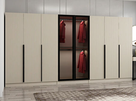 Kale Plus 8 Mebran Kapaklı 4 Çekmeceli Dolap Kumtaşı Mebran Füme Cam 190CM