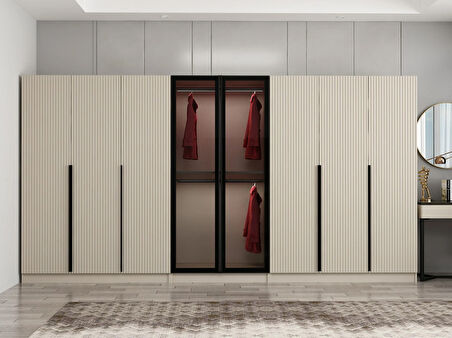 Kale Plus 8 Mebran Kapaklı 4 Çekmeceli Dolap Kumtaşı Mebran Füme Cam 190CM