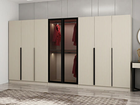 Kale Plus 8 Mebran Kapaklı 4 Çekmeceli Dolap Kumtaşı Mebran Füme Cam 190CM