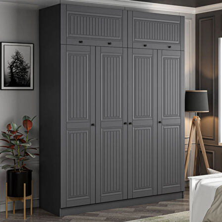 Kale 4 Kapaklı 2 İç Çekmeceli Dolap Ve Yüklük Antrasit Mebran İlkbahar 235CM