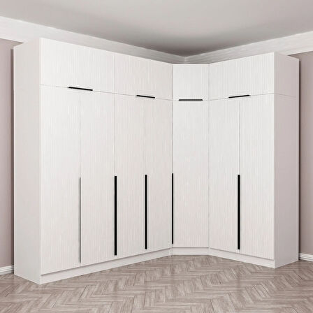 Kaleplus 7 Kapaklı 2 Çekmeceli Köşe Dolap + Yüklük Beyaz Mebran Beyaz Çizgili 235CM