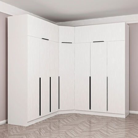 Kaleplus 7 Kapaklı 4 Çekmeceli Köşe Dolap + Yüklük Beyaz Mebran Beyaz Çizgili 235CM