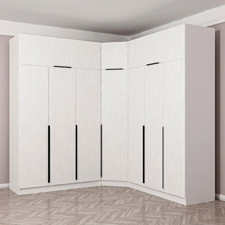 Kaleplus 7 Kapaklı 4 Çekmeceli Köşe Dolap + Yüklük Beyaz Mebran Beyaz Çizgili 235CM
