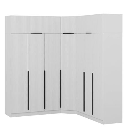 Kaleplus 7 Kapaklı 4 Çekmeceli Köşe Dolap + Yüklük Beyaz Mebran Beyaz Çizgili 235CM