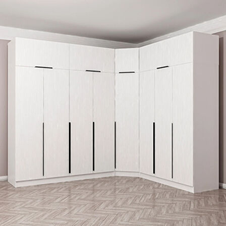 Kaleplus 8 Kapaklı 4 Çekmeceli Köşe Dolap + Yüklük Beyaz Mebran Beyaz Çizgili 235CM