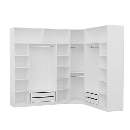 Kaleplus 8 Kapaklı 4 Çekmeceli Köşe Dolap + Yüklük Beyaz Mebran Beyaz Çizgili 235CM