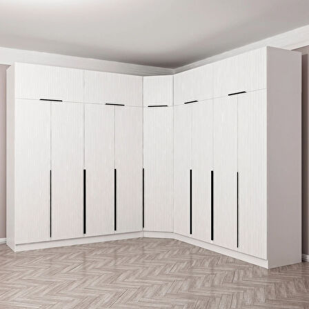 Kaleplus 9 Kapaklı 4 Çekmeceli Köşe Dolap + Yüklük Beyaz Mebran Beyaz Çizgili 235CM