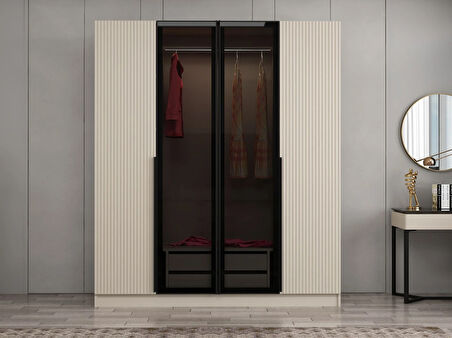 Kale Plus 4 Mebran Kapaklı 2 Çekmeceli Dolap Kumtaşı Mebran Füme Cam 210CM