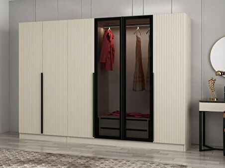 Kale Plus 6 Mebran Kapaklı 2 Çekmeceli Dolap Kumtaşı Mebran Füme Cam 210CM