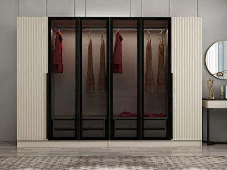 Kale Plus 6 Mebran Kapaklı 4 Çekmeceli Dolap Kumtaşı Mebran Füme Cam 210CM