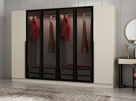 Kale Plus 6 Mebran Kapaklı 4 Çekmeceli Dolap Kumtaşı Mebran Füme Cam 210CM