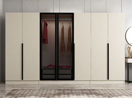 Kale Plus 7 Mebran Kapaklı 2 Çekmeceli Dolap Kumtaşı Mebran Füme Cam 210CM