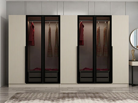 Kale Plus 7 Mebran Kapaklı 4 Çekmeceli Dolap Kumtaşı Mebran Füme Cam 210CM