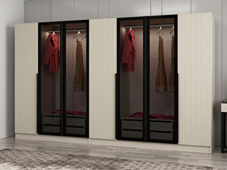 Kale Plus 7 Mebran Kapaklı 4 Çekmeceli Dolap Kumtaşı Mebran Füme Cam 210CM