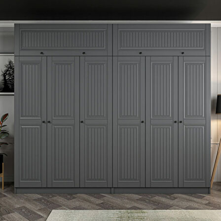 Kale 6 Kapaklı 4 İç Çekmeceli Dolap Ve Yüklük Antrasit Mebran İlkbahar 255CM