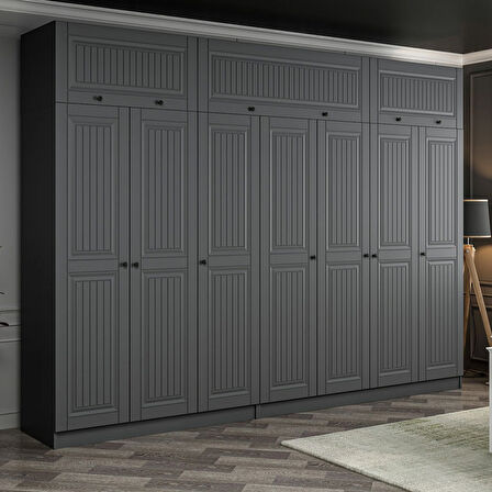 Kale 7 Kapaklı 4 İç Çekmeceli Dolap Ve Yüklük Antrasit Mebran İlkbahar 255CM