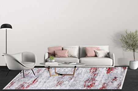 Modern Gri Kırmızı Desen Dijital Baskı Hipoalerjenik Kaymaz Taban Halı Yolluk